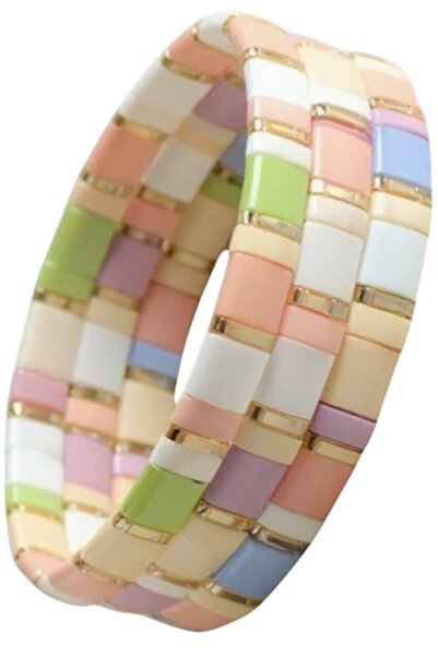 NAZLI TAKILAR مجموعة من 3 أساور مطاطية من الخرز الزجاجي بألوان الباستيل من مي...