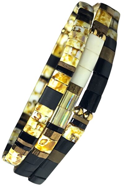 NAZLI TAKILAR مجموعة من 3 أساور مصنوعة يدويًا من الخرز الزجاجي المطاطي من ميو...