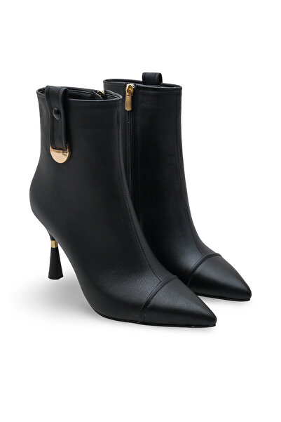 Women Lay-z Γυναικείες μαύρες μπότες με τακούνι – Τόμος εφέ δέρματος , Λεπτό τακούνι 9,5 εκ., Χειμερινό μοντέλο με χρυσή αγκράφα