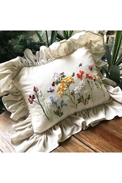 Home Our 50*60 cm Size Linen Fabric Pillows with Hand-Made Wild Flowers and Ruffle Details.