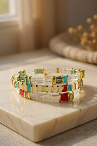NAZLI TAKILAR Set of 3 Handmade Elastic Miyuki Tila Bracelets Made from Transparent and Colored Glass Beads