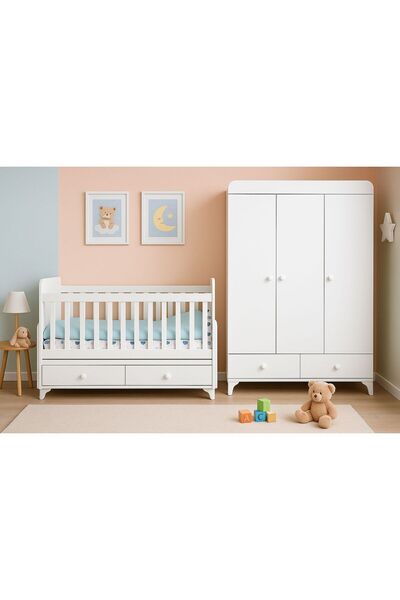 BANANA BABY VUBA BEBEK ODASI TAKIMI 3 KAPAKLI DOLAP VE ANNEYANI SALLANIR İKİ ÇEKMECELİ BEŞİK