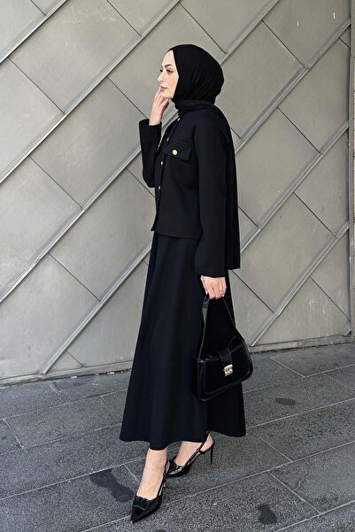 lamelif Covered Gold Button Detailed Hijab Suit Black