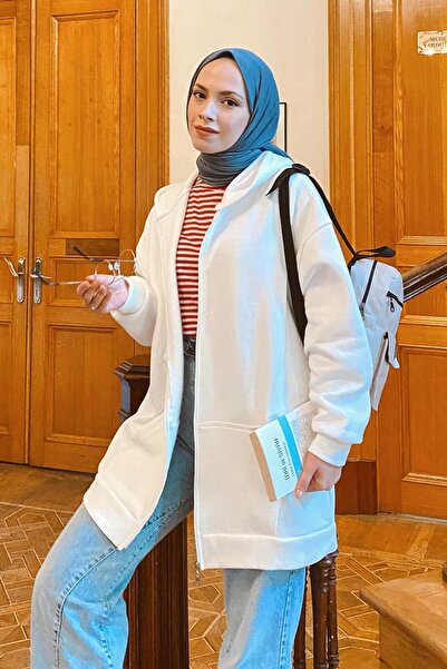 lamelif Ön Fermuar Detaylı Hırka Beyaz