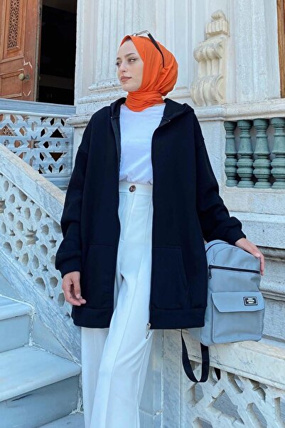 lamelif Front Zipper Detailed Cardigan Black