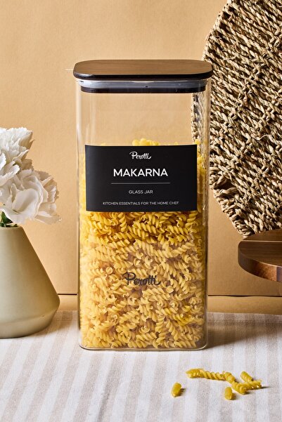 Perotti Peter Bambu Kapak Borosilikat Dikdörtgen Cam Kavanoz 1800 ml 8x12x25 cm 4 Adet Etiketli