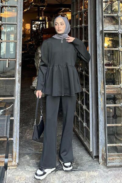 lamelif Flounce Detailed Double Scuba Suit Black