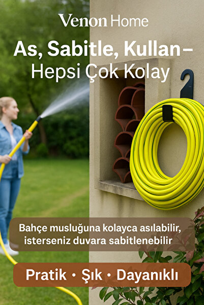VENON Siyah Metal Duvar Tipi Hortum Askılığı - Bahçe Hortumu Tutucu Kanca Aparat Hortum Toplama