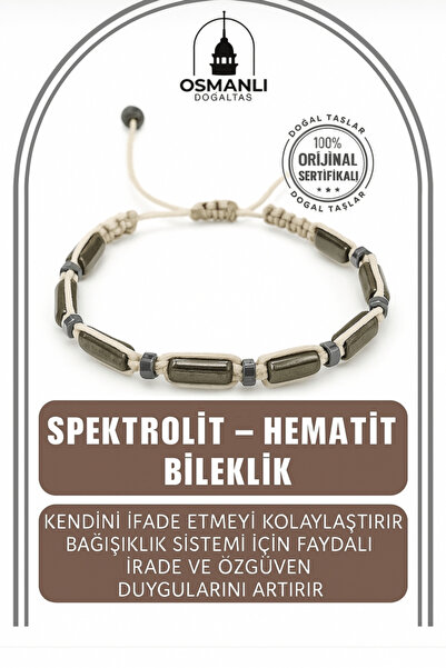 OSMANLI DOĞAL TAŞ Genuine Original Spectrolite and Hematite Natural Stone String Bracelet - Certified Cornered Macrame Model