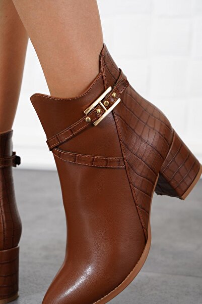 Moda Pie Ares Arka Kroka Kadın Topuklu Bot Taba Cilt