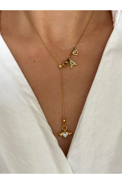 Alis Accessory Kanatlı kalp asansör kolye harfli