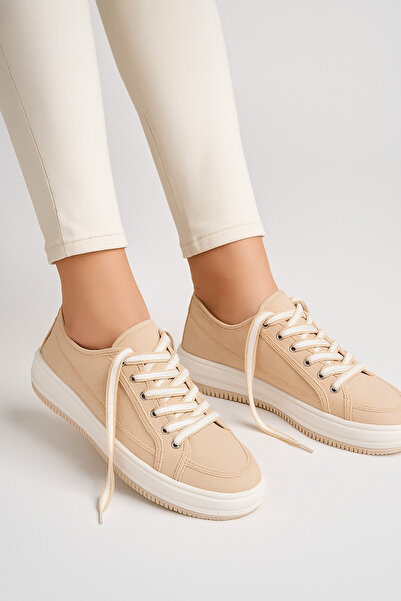 LANDSHOES Pudra Kadın Yüksek Taban Sneaker Keten Kumaş Bağcıklı Spor Ayakkabı