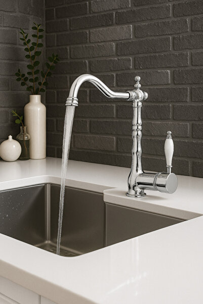 RUDİ ARMATÜR Inox Brass Material - Ceramic Handle - Rustic Kitchen Faucet with Rotating Body