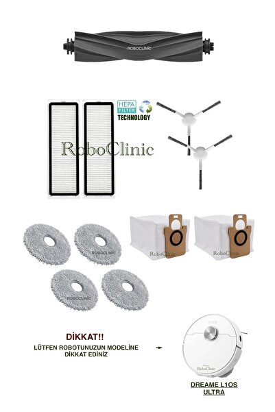 Roboclinic Dreame L10s Ultra Robot Süpürge Uyumlu Yedek Toz Torbası, Fırça, Hepa Filtre Seti-11 Parça
