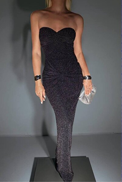 D'RECCY KADIN SİMLİ LİKRALI STRAPLEZ UZUN PARTİ ŞIK GECE ELBİSESİ