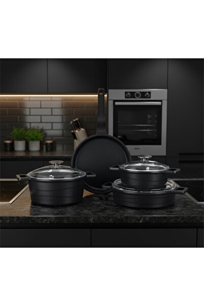 LaraLisa Lavonni 7 Parça Elexsus Döküm Titanyum Tencere Seti - Siyah ( Cam Ka...