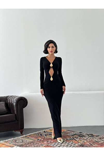Misscix Kadın Abiye Uzun Kollu Bodycon Broş Detaylı Göbek Dekolteli Maxi - Abiye & Mezuniyet Elbisesi