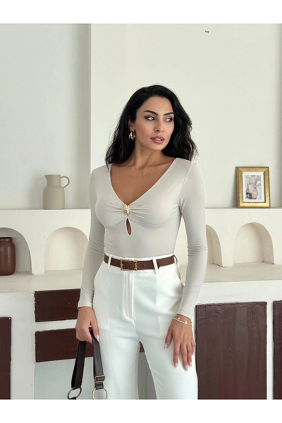 asfamoda Γυναικεία κρεμ μπλούζα με γιακά και αξεσουάρ