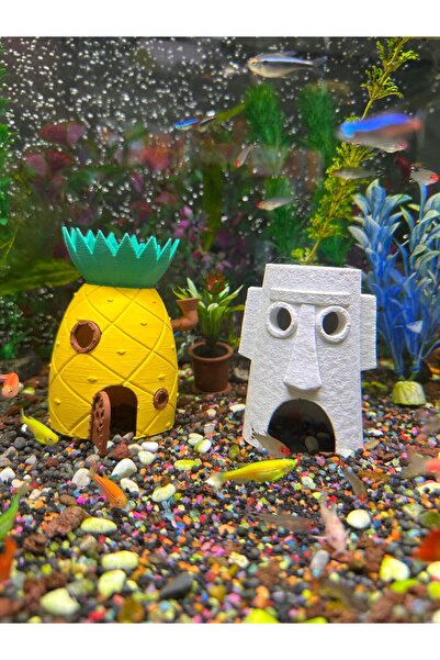 MUYU CRAFT Akvaryum Dekoru 2li Set | Ananas Ev + Moai Ev