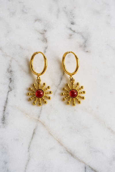 stainless steell Kırmızı Taşlı Vintage Gold Güneş Küpe