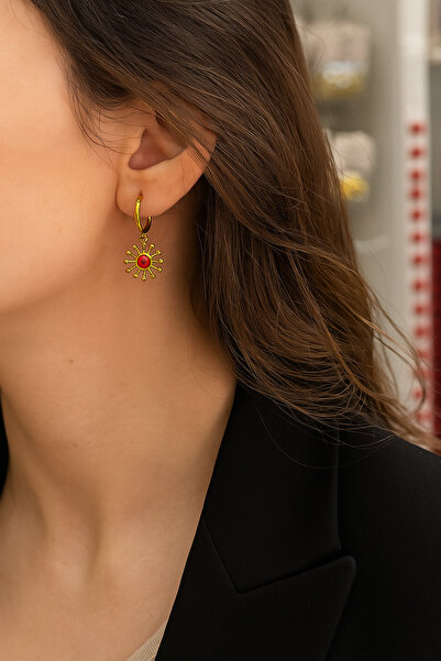 stainless steell Kırmızı Taşlı Vintage Gold Güneş Küpe