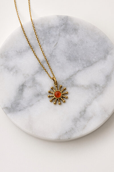stainless steell Kırmızı Taşlı Vintage Gold Güneş Kolye