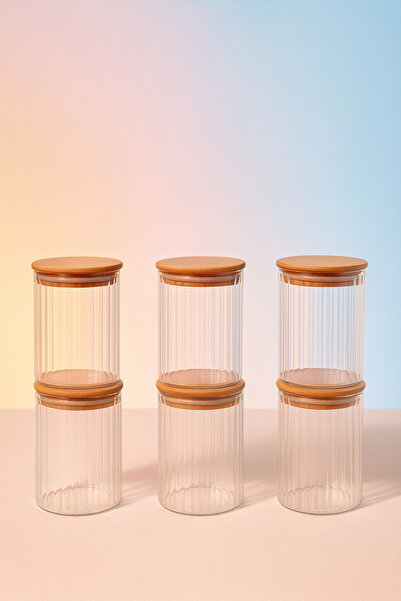 ZURİ DESİGN Airtight 6-Piece Striped Glass Breakfast Vacuum Lid Jar Set - 850 ml