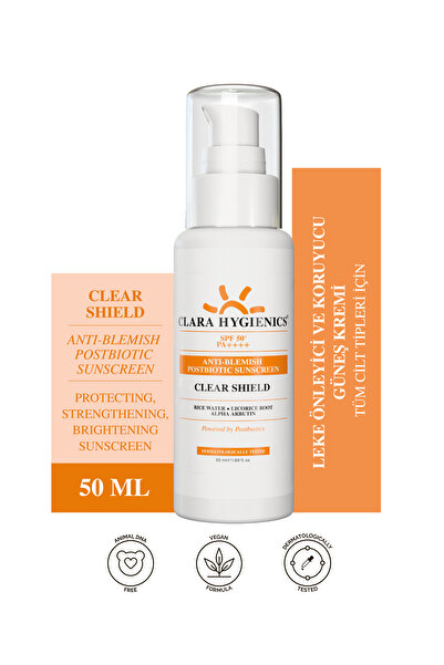 Clara Hygienics Clear Shield 50+SPF Postbiyotik Destekli Güneş Kremi 50ml - Koruyucu Leke Karşıtı Aydınlatıcı Vegan
