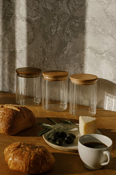ZURİ DESİGN Airtight 3-Piece Striped Glass Breakfast Vacuum Lid Jar Set - 610 ml