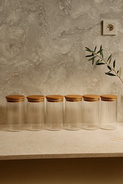 ZURİ DESİGN Airtight 6-Piece Striped Glass Breakfast Vacuum Lid Jar Set - 850 ml