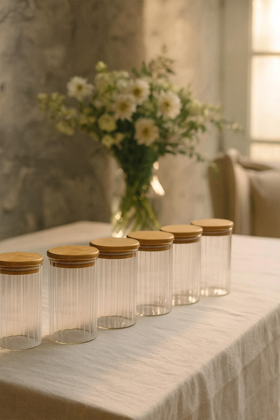 ZURİ DESİGN Airtight 6-Piece Striped Glass Breakfast Vacuum Lid Jar Set - 850 ml
