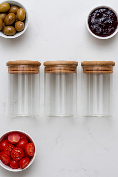 ZURİ DESİGN Airtight 3-Piece Striped Glass Breakfast Vacuum Lid Jar Set - 610 ml