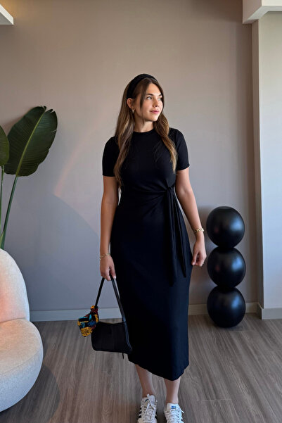 Aventien Yandan Bağlamalı Modal Kumaş Siyah Midi Elbise