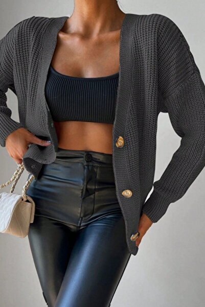 Mossta V-Neck Buttoned Basic Knit Cardigan - Dark Gray