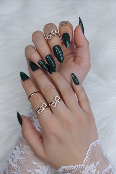 Easy Beauty 24 Adet Koyu Yeşil Badem Takma Tırnak Seti Orta Uzunlukta 908