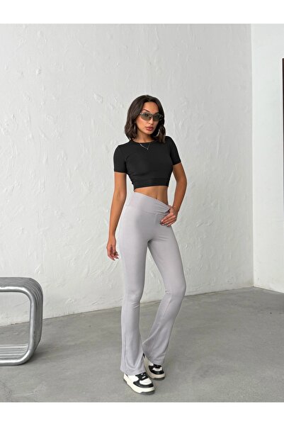 OPENDO Yüksek Bel Toparlayıcı Ispanyol Paça Kadın Açık Gri Tayt Pantolon