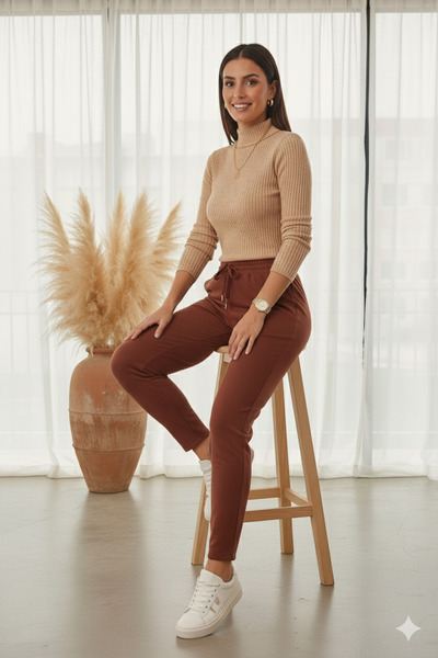 ESPİNA Women's Stretchy Fabric Carrot Leg Loose Knitted Scuba Brown Baggy Trousers