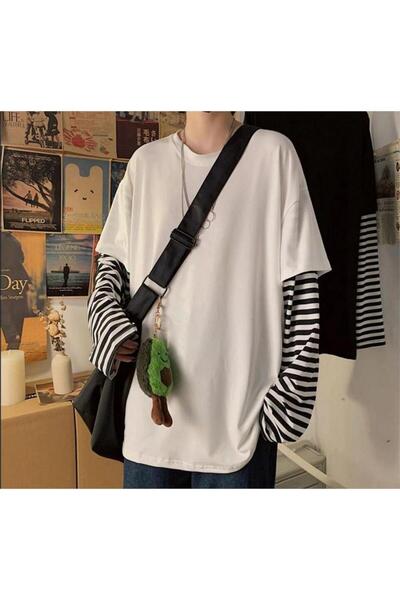 Köstebek تي شيرت أبيض عادي كبير الحجم مخطط بأكمام طويلة