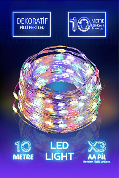 Huzur Party Store 10 Metre Karışık Renkli Yılbaşı Ağacı Işığı Süsü Peri Led Işık Dekoratif Pilli 3 Fonksiyonlu