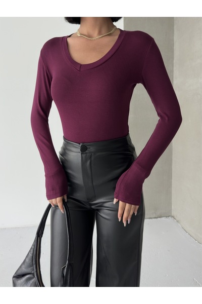 BEJNA Women's Burgundy Soft Touch V-Neck Blouse