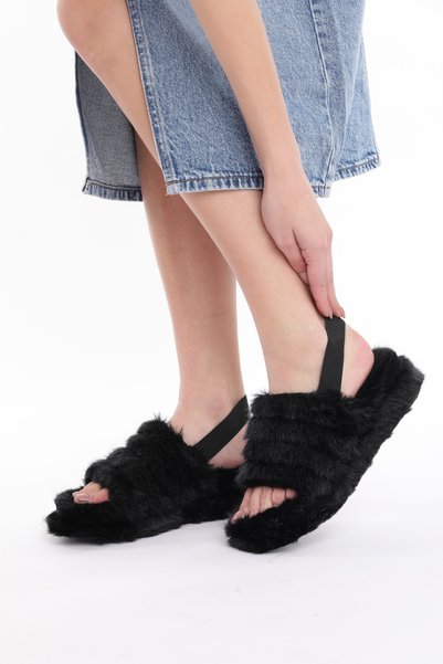 ZORIWORLD STORM Black Faux Fur Flatforms for Women - 2 Inch Flatform