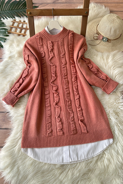 MODAQU Ruffle Detailed Soft Sweater Tunic 8770 - Dusty Rose