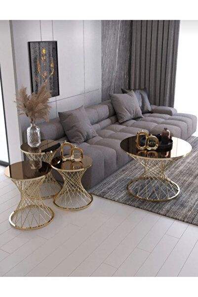 florya sehpa ve aksesuar Pota 4'lü set , Zigon Sehpa ve Orta sehpa , Gold Ayak Bronz Ayna