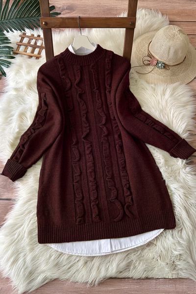 MODAQU Ruffle Detailed Soft Sweater Tunic 8770 - Burgundy