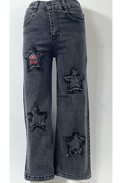 nd jeans - PANTALONI DENIM ELASTICI CU PIELE LARGĂ, DETALIAT CU STELE DE CIRE...