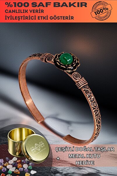 OSMANLI GÜMÜŞ Kadın Bakır Bileklik - Yeşil Akik Taşı Ağaç Kabuğu Model İnce M...