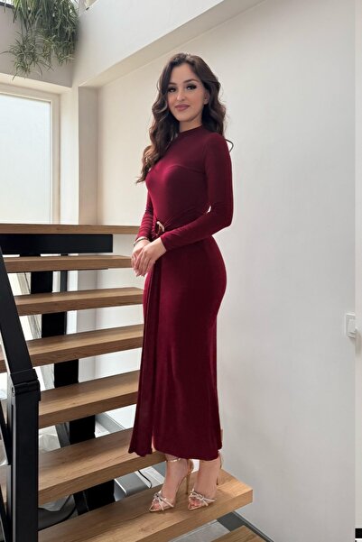 Safgiyim44 Önü Tokalı Bisiklet Yaka Elbise - Bordo