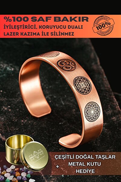 OSMANLI GÜMÜŞ Erkek Bakır Bileklik - Yaşam Çiçeği - Lotus - Sri Yantra - Om S...