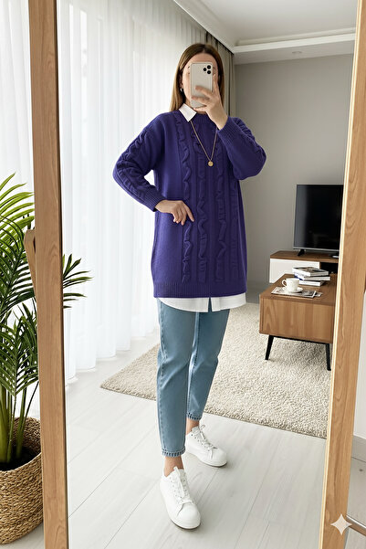 MODAQU Μαλακό πουλόβερ με λεπτομέρεια βολάν 8770 - Μωβ