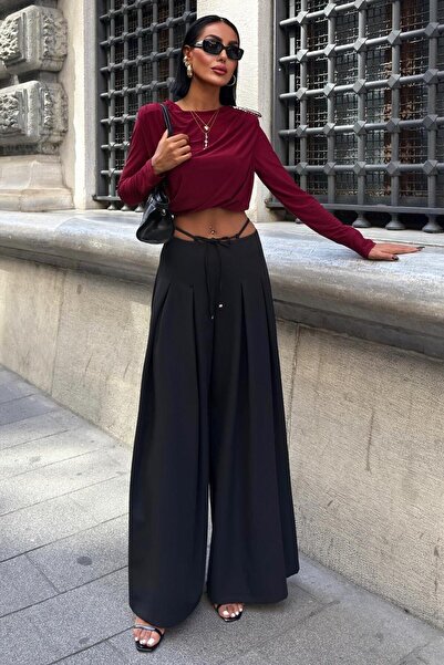 Lijuri Pleated Casual Trousers with Waist Tie Detail - Black